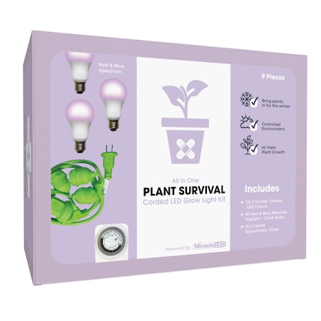 Miracle Led 3-Socket Plant Survival Grow Light Kit- Red & Blue Spec. 14W Replace 150W Grow Bulbs, 2PK 801953
